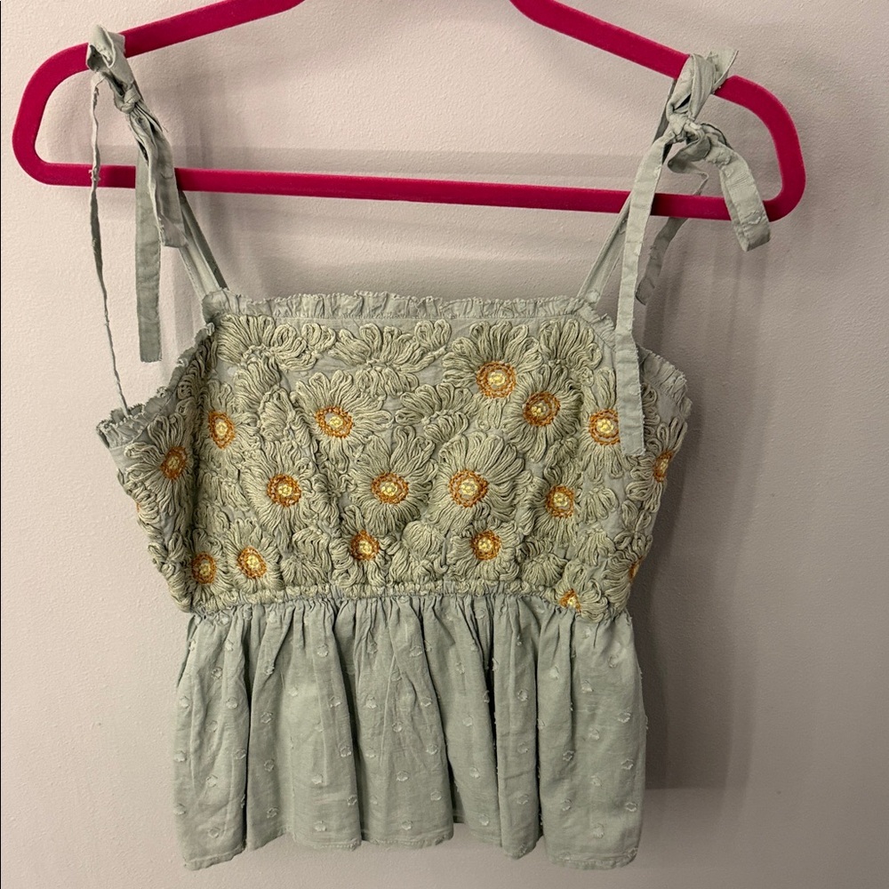Anthropologie Sage Green Smocked Daisy Tie-Strap Camisole